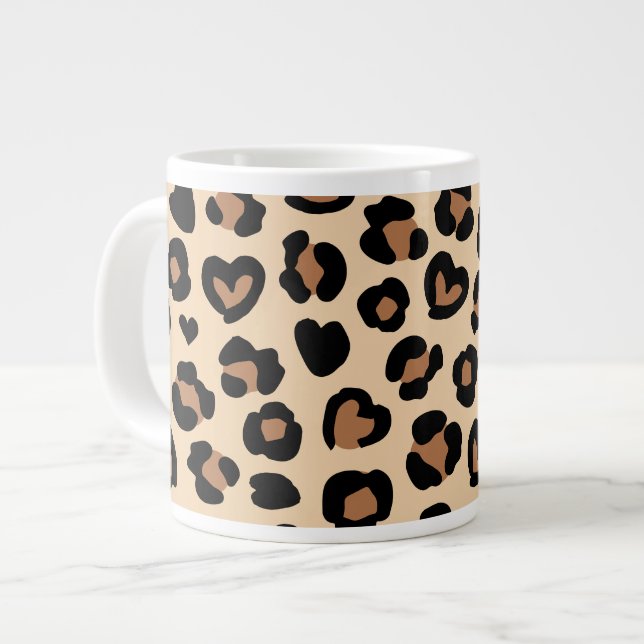 Animal Print, Brown Leopard, Cheetah Spots, Hearts Giant Coffee Mug (Front Left)