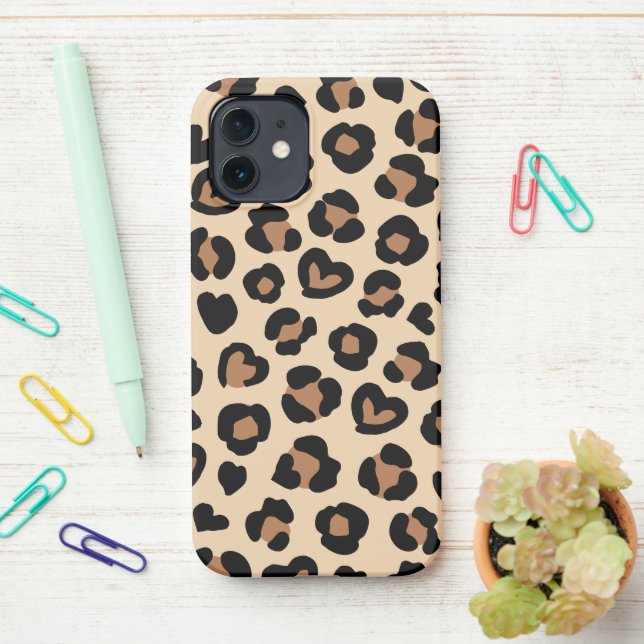Animal Print, Brown Leopard, Cheetah Spots, Hearts iPhone Case (On Desk)