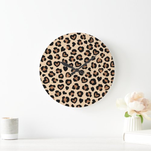 Animal Print Brown Leopard Cheetah Spots Hearts Large Clock