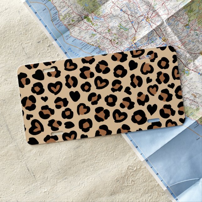 Animal Print, Brown Leopard, Cheetah Spots, Hearts License Plate (In Situ)