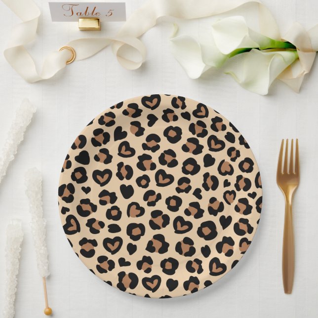 Animal Print, Brown Leopard, Cheetah Spots, Hearts Paper Plates (Wedding)