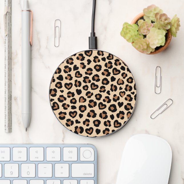 Animal Print, Brown Leopard, Cheetah Spots, Hearts Wireless Charger (Desk)