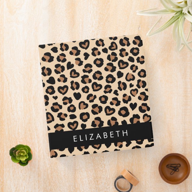 Animal Print, Brown Leopard, Hearts, Your Name 3 Ring Binder (In Situ)