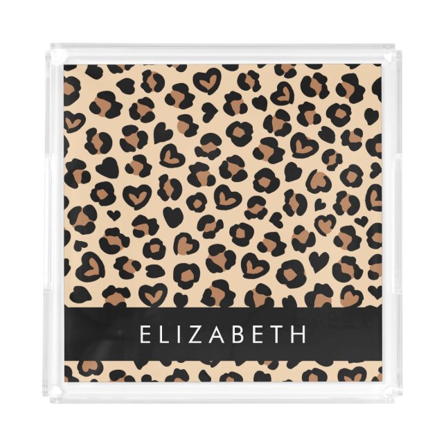 Animal Print, Brown Leopard, Hearts, Your Name Acrylic Tray (Front)
