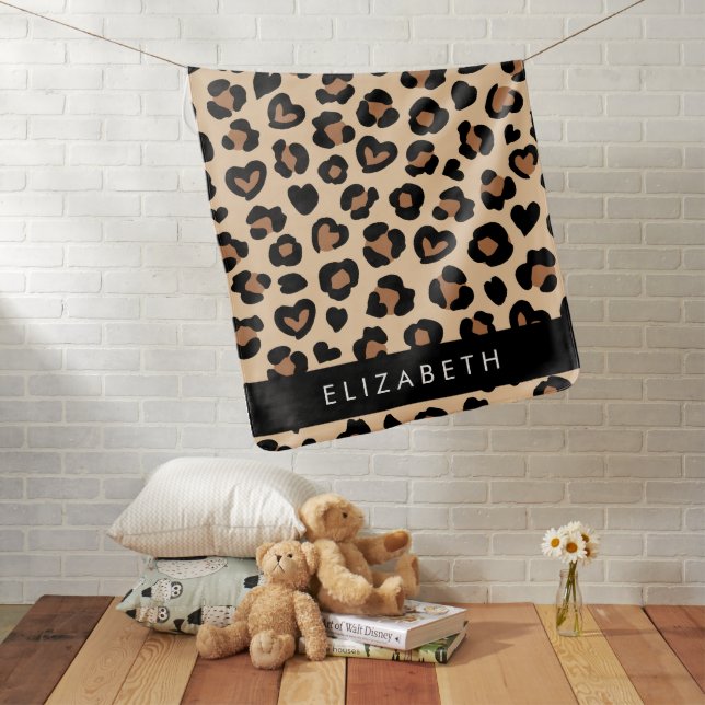 Animal Print, Brown Leopard, Hearts, Your Name Baby Blanket (In Situ)