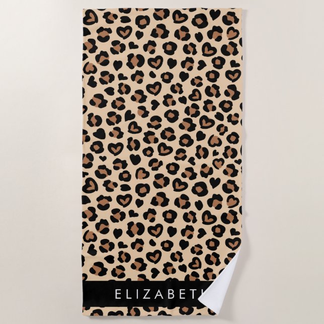 Animal Print, Brown Leopard, Hearts, Your Name Beach Towel (Front)