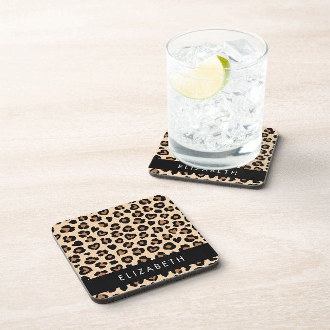Animal Print, Brown Leopard, Hearts, Your Name Beverage Coaster (Right Side)