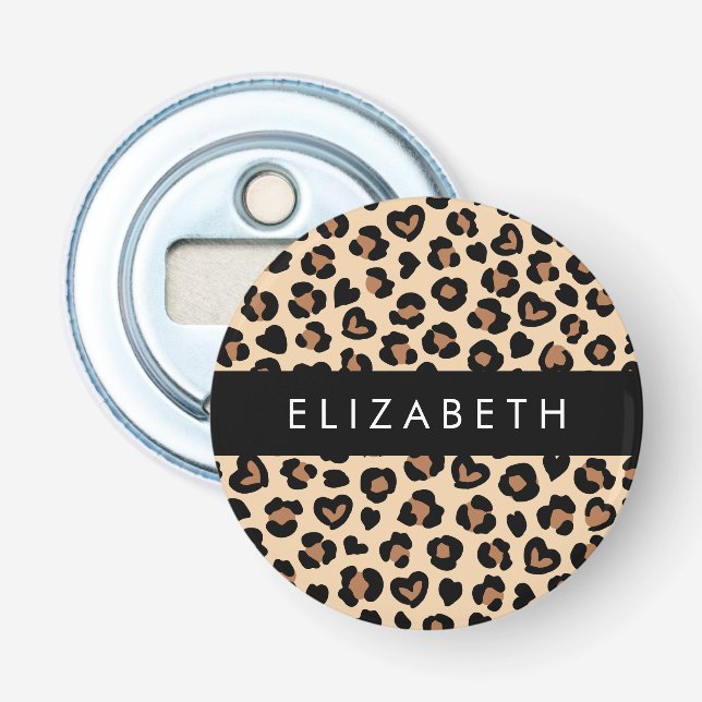 Animal Print, Brown Leopard, Hearts, Your Name Bottle Opener (Front)