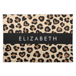 Animal Print, Brown Leopard, Hearts, Your Name Cloth Placemat