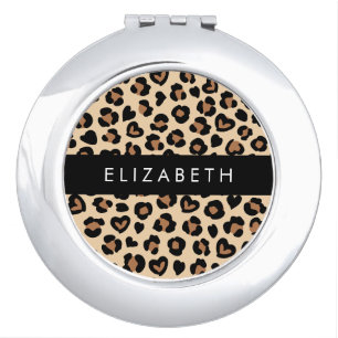 Animal Print, Brown Leopard, Hearts, Your Name Compact Mirror