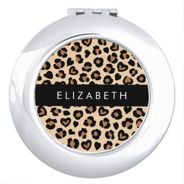 Animal Print, Brown Leopard, Hearts, Your Name Compact Mirror (Front)
