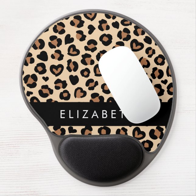 Animal Print, Brown Leopard, Hearts, Your Name Gel Mouse Pad (Left Side)