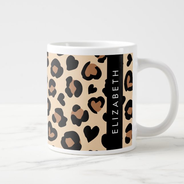 Animal Print, Brown Leopard, Hearts, Your Name Giant Coffee Mug (Right)