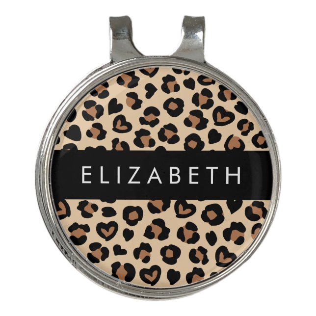 Animal Print, Brown Leopard, Hearts, Your Name Golf Hat Clip (Front)
