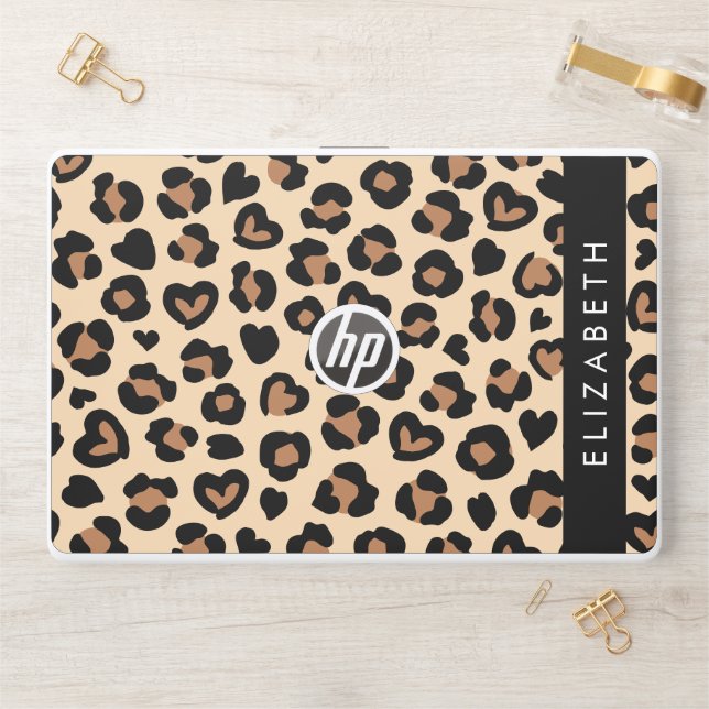 Animal Print, Brown Leopard, Hearts, Your Name HP Laptop Skin (Desk)