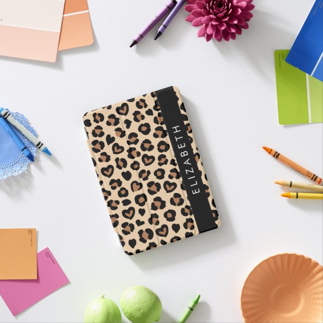 Animal Print, Brown Leopard, Hearts, Your Name iPad Mini Cover (In Situ)