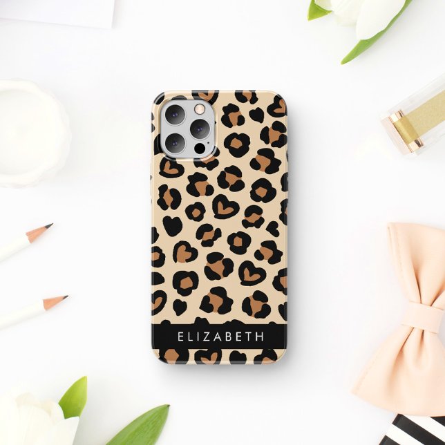 Animal Print, Brown Leopard, Hearts, Your Name iPhone Case (Creator Uploaded)
