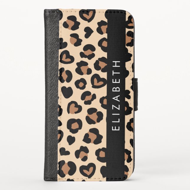 Animal Print, Brown Leopard, Hearts, Your Name iPhone Wallet Case (Front)