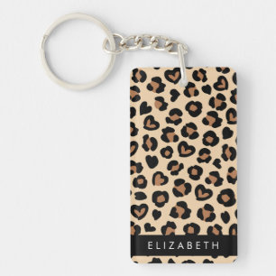 Animal Print, Brown Leopard, Hearts, Your Name Keychain