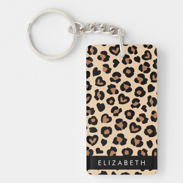Animal Print, Brown Leopard, Hearts, Your Name Keychain (Front)