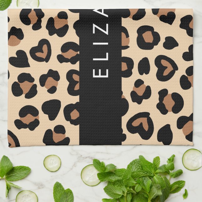 Animal Print, Brown Leopard, Hearts, Your Name Kitchen Towel (Folded)