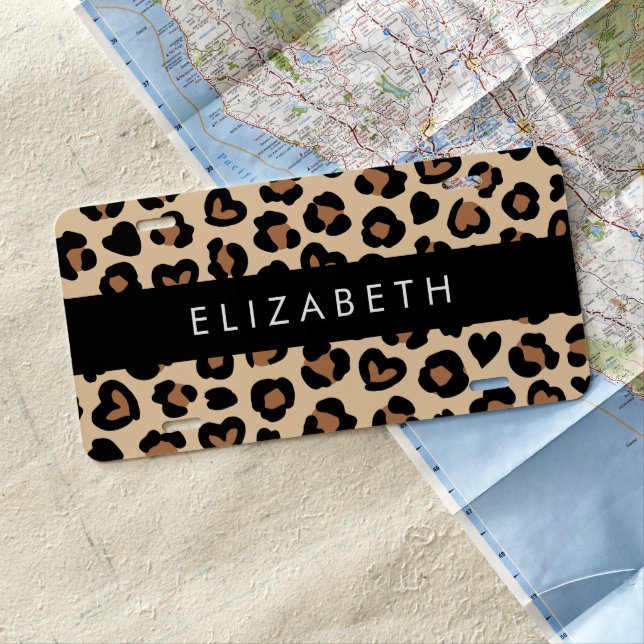 Animal Print, Brown Leopard, Hearts, Your Name License Plate (In Situ)