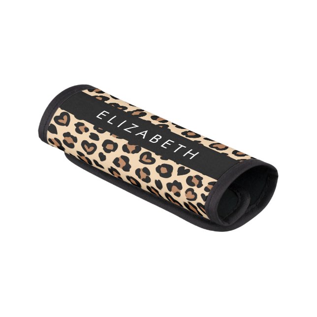 Animal Print, Brown Leopard, Hearts, Your Name Luggage Handle Wrap (Angled)