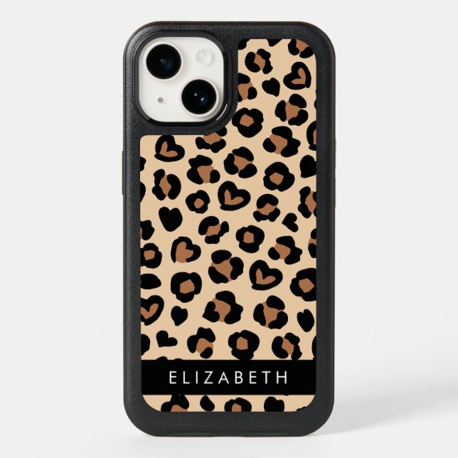 Animal Print, Brown Leopard, Hearts, Your Name Otterbox iPhone Case (Back)