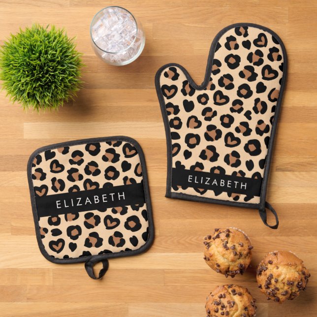 Animal Print, Brown Leopard, Hearts, Your Name Oven Mitt & Pot Holder Set (Top Down)