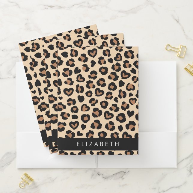Animal Print, Brown Leopard, Hearts, Your Name Pocket Folder (In Situ)