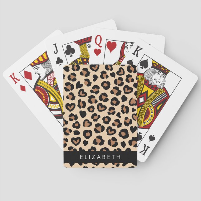 Animal Print, Brown Leopard, Hearts, Your Name Poker Cards (Back)