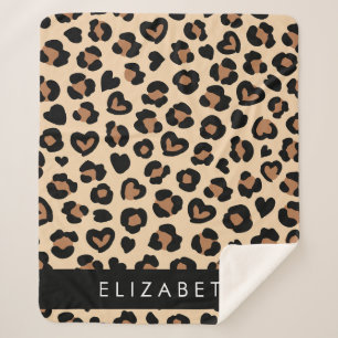 Animal Print, Brown Leopard, Hearts, Your Name Sherpa Blanket