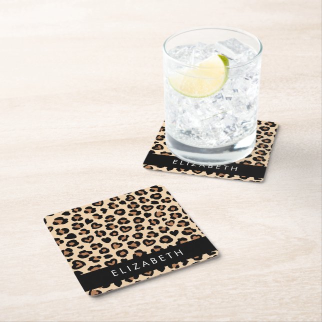 Animal Print, Brown Leopard, Hearts, Your Name Square Paper Coaster (Insitu)