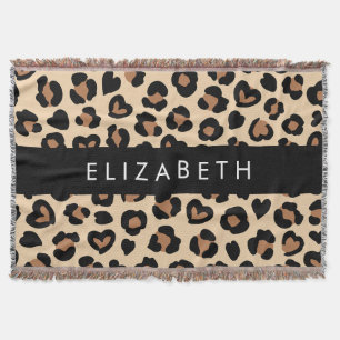 Animal Print, Brown Leopard, Hearts, Your Name Throw Blanket