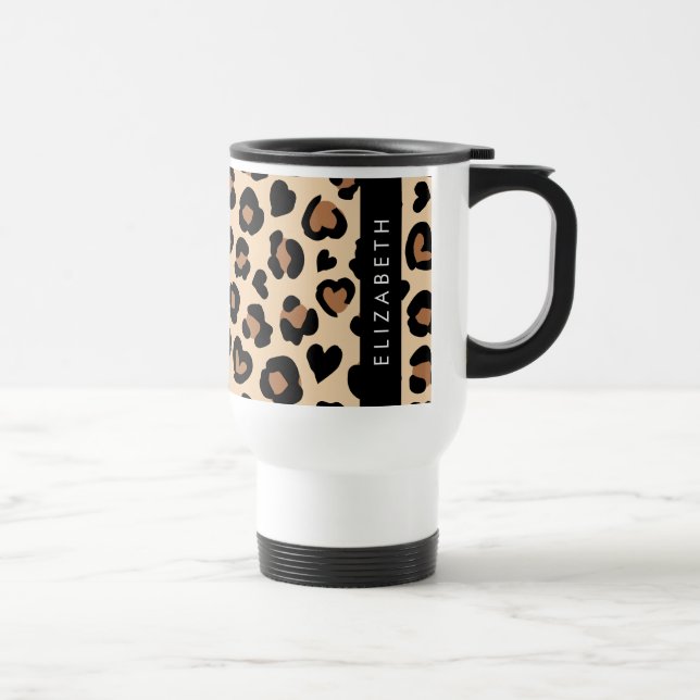 Animal Print, Brown Leopard, Hearts, Your Name Travel Mug (Right)