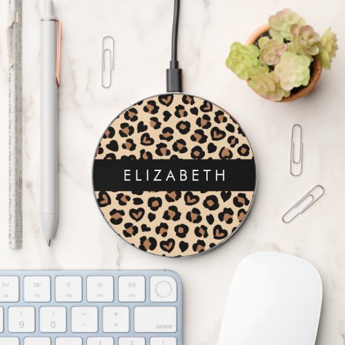 Animal Print Brown Leopard Hearts Your Name Wireless Charger