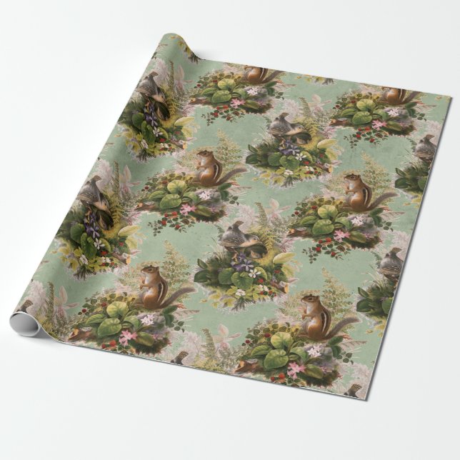 Animal Print, Chipmunks & Bird Gift, Animal Lover Wrapping Paper (Unrolled)
