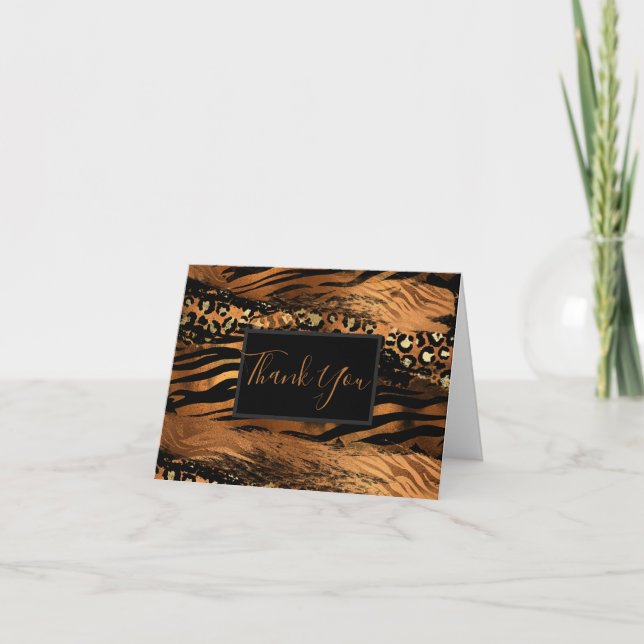 Animal Print Copper Black Script Letterpress Thank You Card (Front)