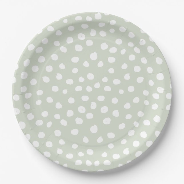 Animal Print Dots Sage Green And White Paper Plates (Front)
