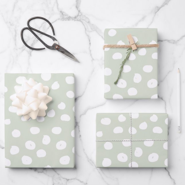 Animal Print Dots Sage Green And White Wrapping Paper Sheets (Front)