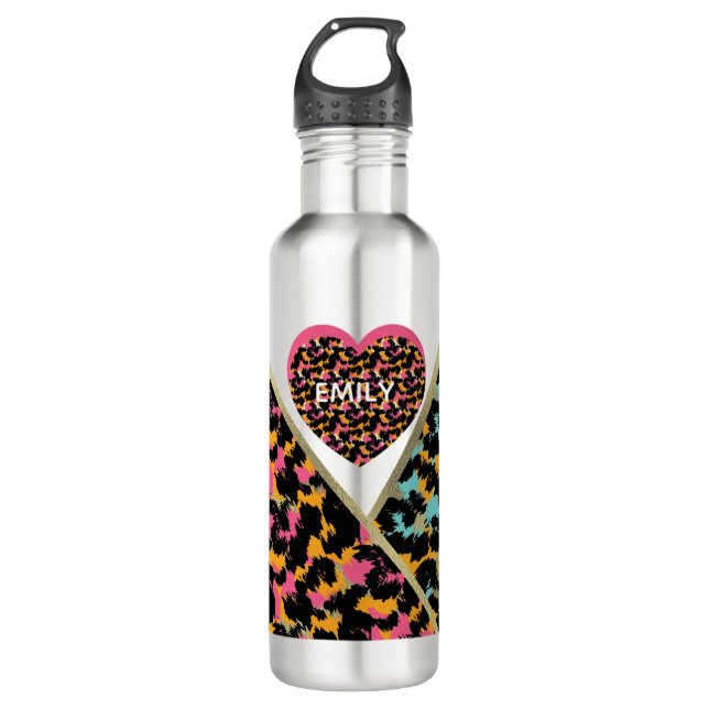 Animal Print Faux Foil Monogrammed Pink Name  Stainless Steel Water Bottle (Front)