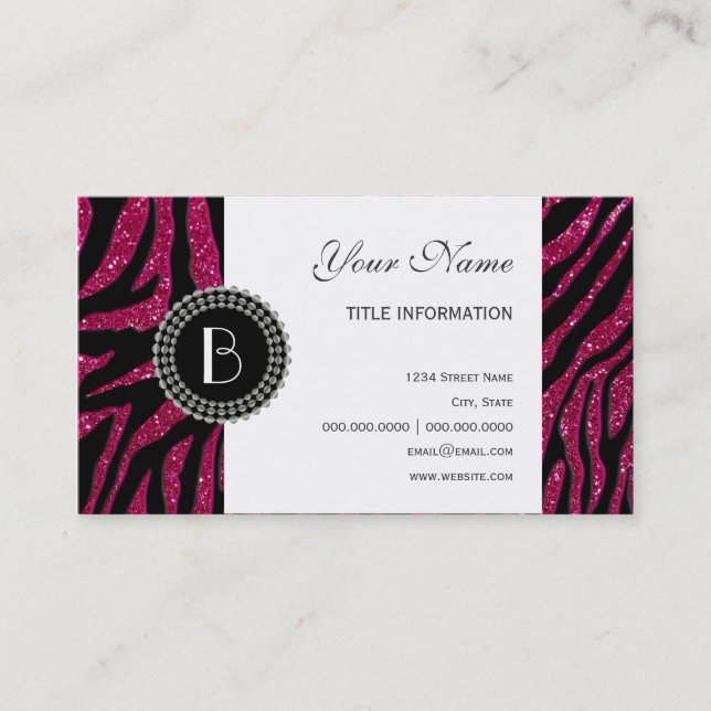 Animal Print Glitter Zebra Pattern and Monogram Business Card (Front)