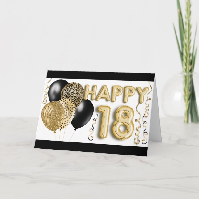 Animal Print & Gold Balloons Happy 18th Birthday Card (Front)