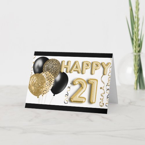 Animal Print  Gold Balloons Happy 21st Birthday Card