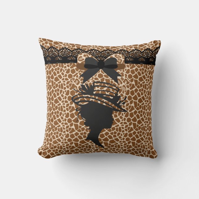 Animal Print Lady with Hat Square Throw Pillow (Front)