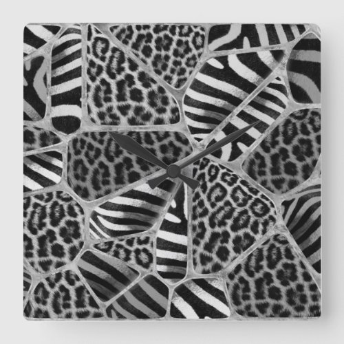 Animal Print _ Leopard and Zebra _ silver Square Wall Clock