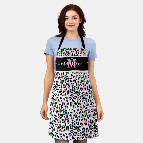 Animal Print Leopard Chic Monogram Apron - Trendy animal print kitchen apron featuring a modern multi-colored exotic leopard print pattern, your initials, and name in a elegant handwritten script font.