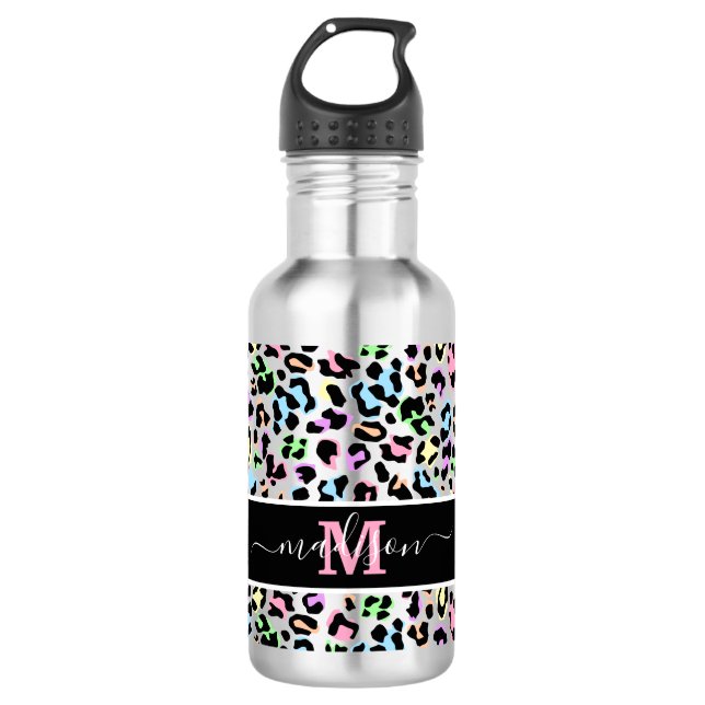 Animal Print Leopard Monogram Name Stainless Steel Water Bottle (Front)