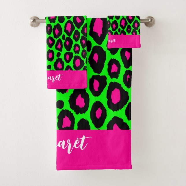 Animal print leopard neon green & custom name bath towel set (Insitu)