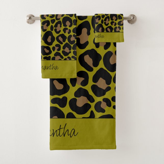 Animal print leopard olive green black custom name bath towel set (Insitu)